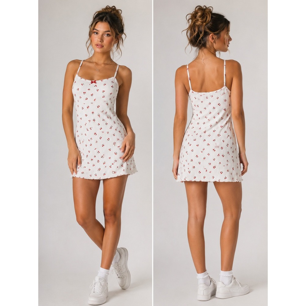 Cherry Print Mini Dress Womens Medium White Red Y2K Coquette Ribbed Babydoll NWT